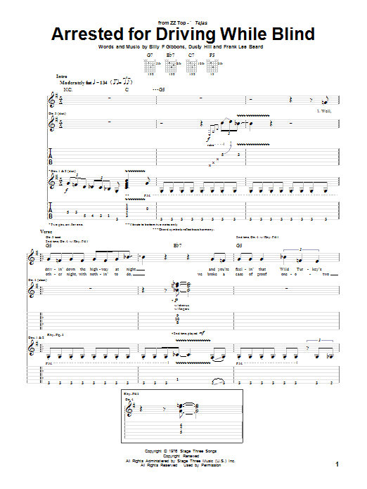 Download ZZ Top Arrested For Driving While Blind Sheet Music and learn how to play Guitar Tab PDF digital score in minutes