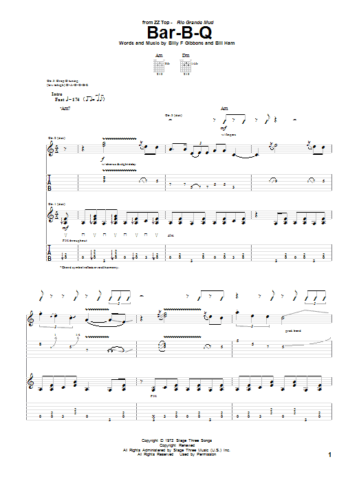 Download ZZ Top Bar-B-Q Sheet Music and learn how to play Guitar Tab PDF digital score in minutes