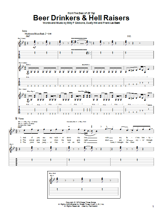Download ZZ Top Beer Drinkers & Hell Raisers Sheet Music and learn how to play Guitar Tab PDF digital score in minutes
