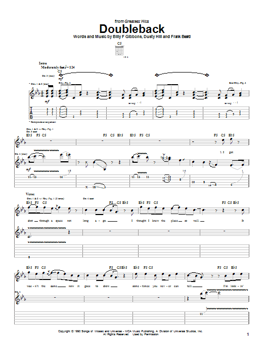 Download ZZ Top Doubleback Sheet Music and learn how to play Easy Guitar Tab PDF digital score in minutes