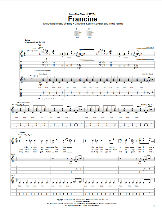 Download ZZ Top Francine Sheet Music and learn how to play Piano, Vocal & Guitar (Right-Hand Melody) PDF digital score in minutes