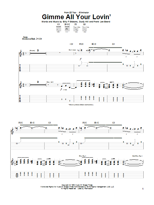 Download ZZ Top Gimme All Your Lovin' Sheet Music and learn how to play Lyrics & Chords PDF digital score in minutes
