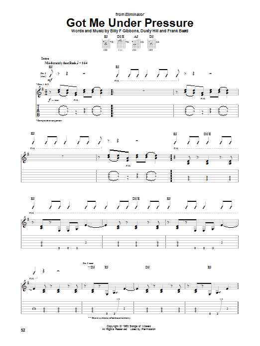 Download ZZ Top Got Me Under Pressure Sheet Music and learn how to play Guitar Tab PDF digital score in minutes