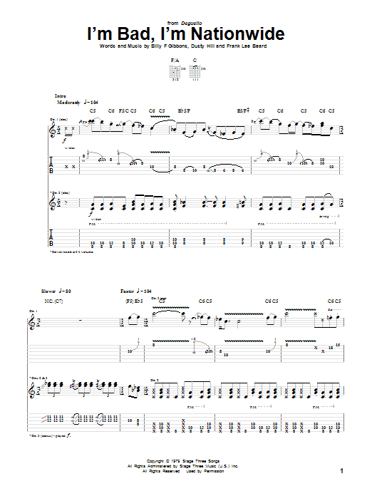 Download ZZ Top I'm Bad, I'm Nationwide Sheet Music and learn how to play Guitar Tab PDF digital score in minutes