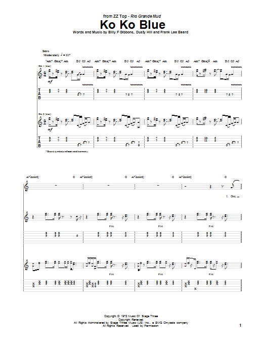 Download ZZ Top Ko Ko Blue Sheet Music and learn how to play Guitar Tab PDF digital score in minutes