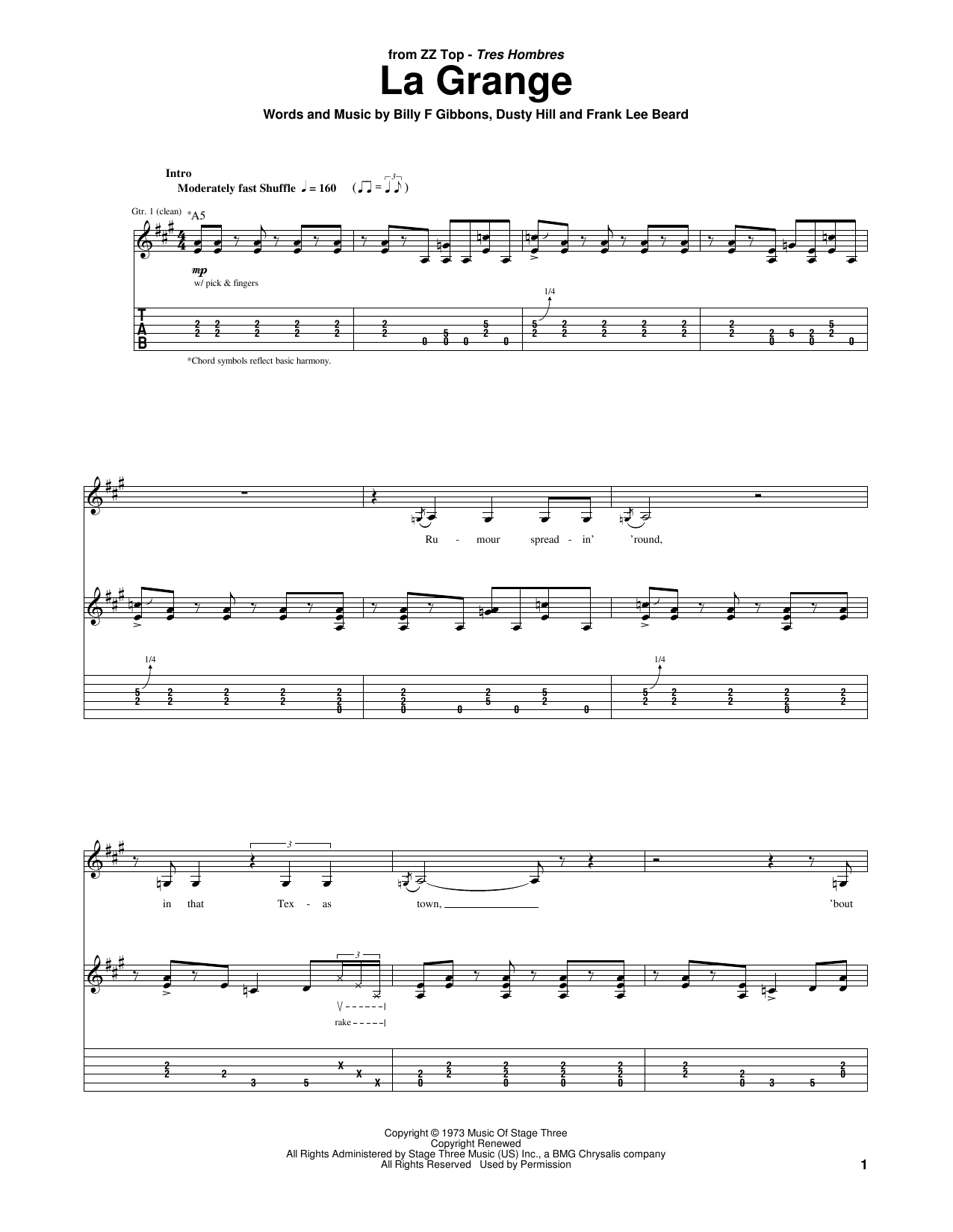 Download ZZ Top La Grange Sheet Music and learn how to play Easy Guitar Tab PDF digital score in minutes