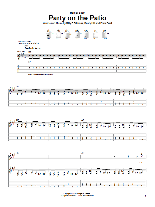 Download ZZ Top Party On The Patio Sheet Music and learn how to play Guitar Tab PDF digital score in minutes