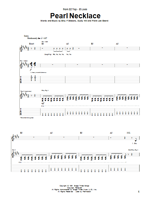 Download ZZ Top Pearl Necklace Sheet Music and learn how to play Guitar Tab PDF digital score in minutes