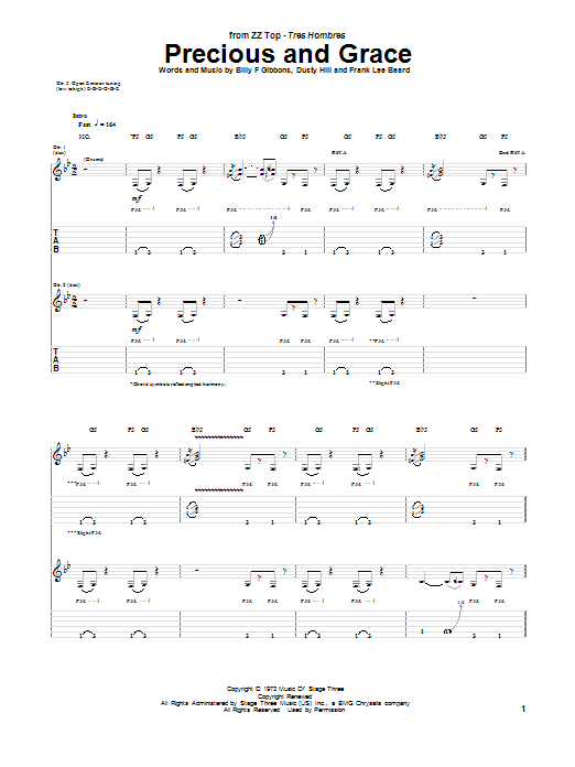 Download ZZ Top Precious And Grace Sheet Music and learn how to play Guitar Tab PDF digital score in minutes