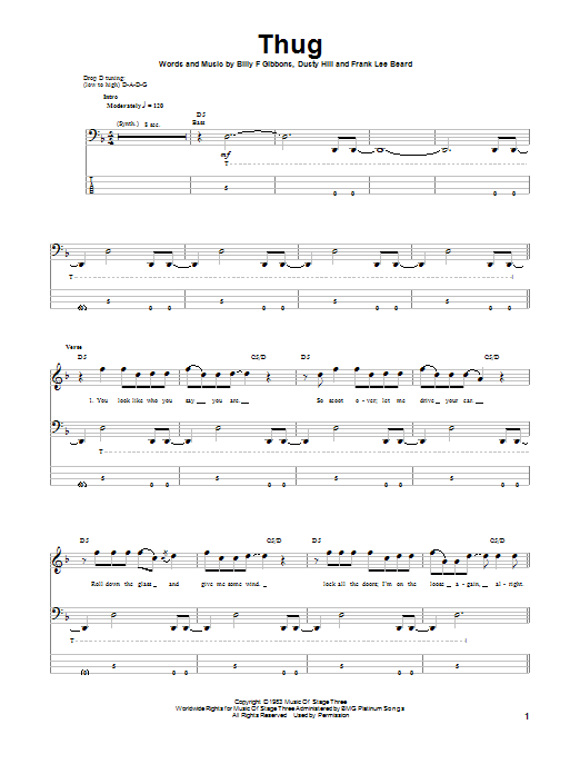 Download ZZ Top Thug Sheet Music and learn how to play Bass Guitar Tab PDF digital score in minutes