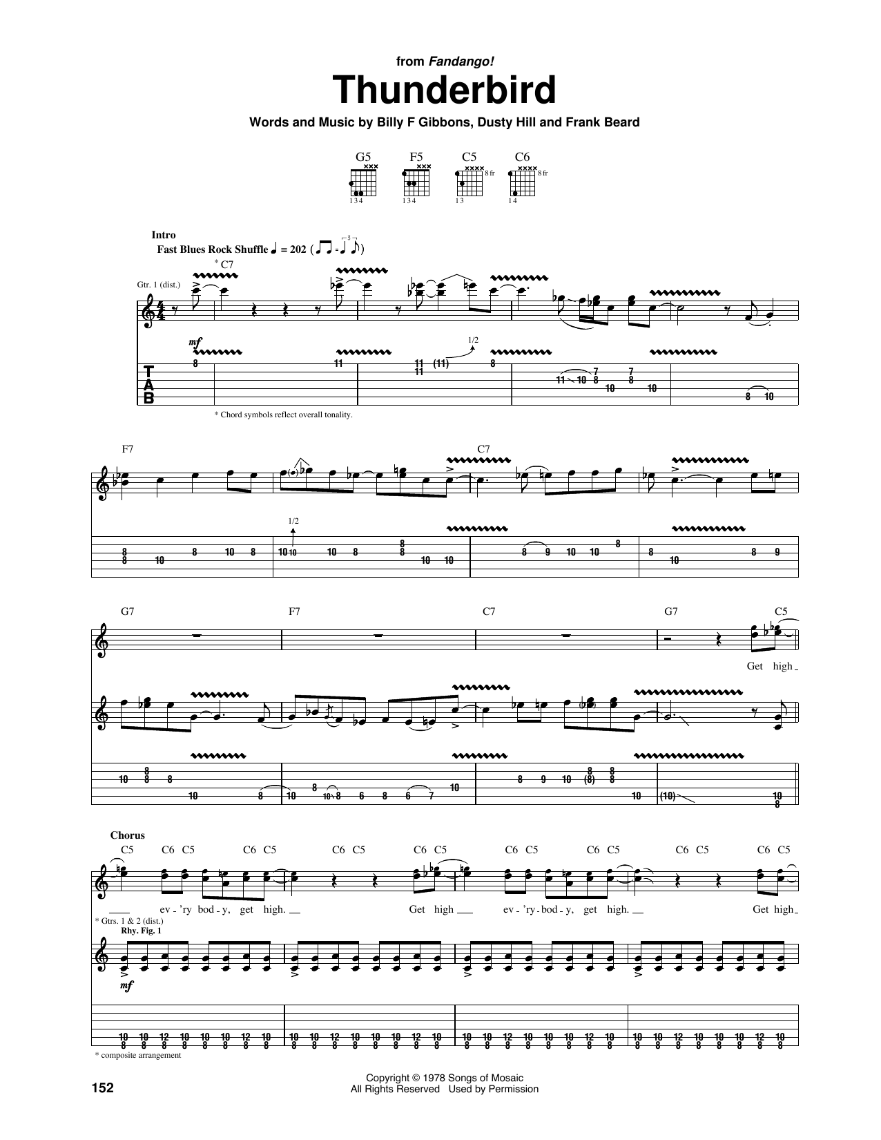 Download ZZ Top Thunderbird Sheet Music and learn how to play Guitar Tab PDF digital score in minutes