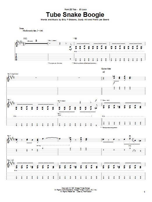 Download ZZ Top Tube Snake Boogie Sheet Music and learn how to play Guitar Tab PDF digital score in minutes