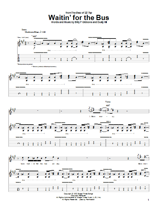 Download ZZ Top Waitin' For The Bus Sheet Music and learn how to play Guitar Tab PDF digital score in minutes