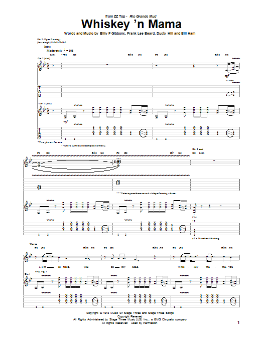 Download ZZ Top Whiskey 'N Mama Sheet Music and learn how to play Guitar Tab PDF digital score in minutes