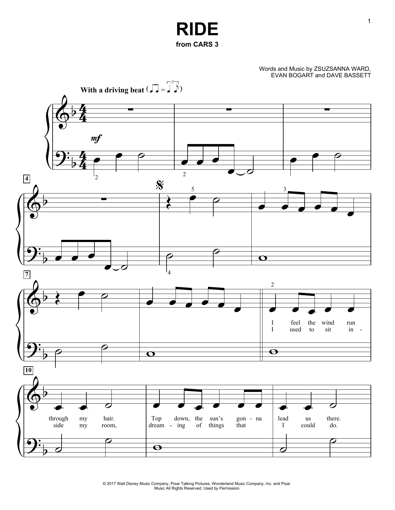 Download ZZ Ward featuring Gary Clark Jr. Ride (from Cars 3) Sheet Music and learn how to play Big Note Piano PDF digital score in minutes